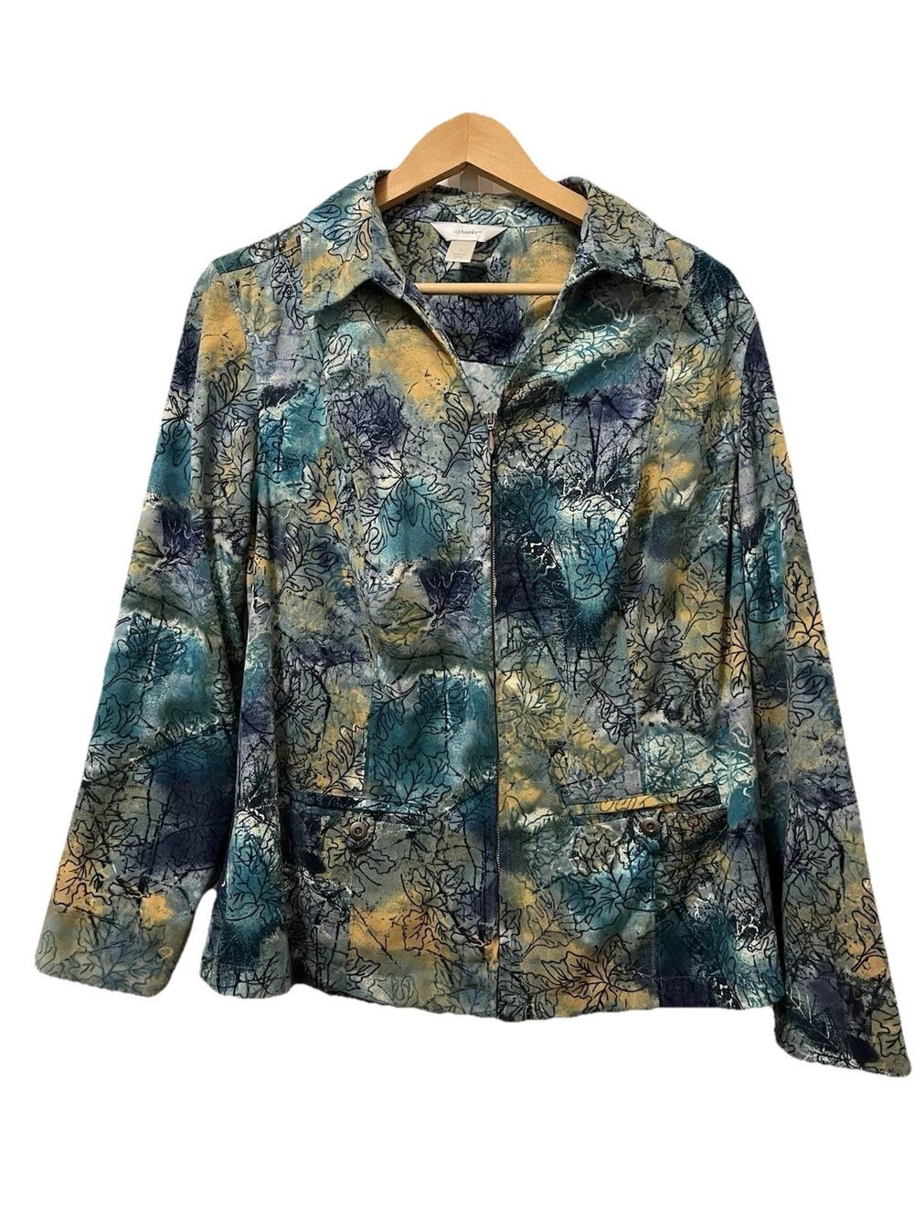VTG CJ Banks Jacket Plus Long Sleeve Zip Floral Leaves Watercolor Art to Wear 1X